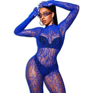 🆕Women Blue Sexy Fishnet Full Mesh Jumpsuit Body Stockings Halloween Costume